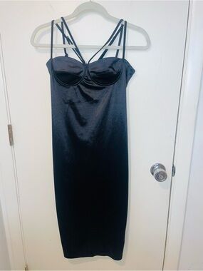 Black satin bustier bodycon fitted dress corset midi balconette cocktail Akira L